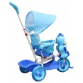 Dětské tříkolové kolo Duck Blue + zvuky + střecha + zábrana + stupačka + rukojeť + úložný prostor