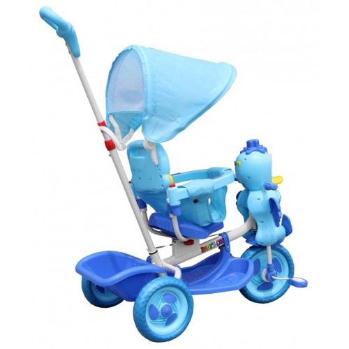 Dětské tříkolové kolo Duck Blue + zvuky + střecha + zábrana + stupačka + rukojeť + úložný prostor