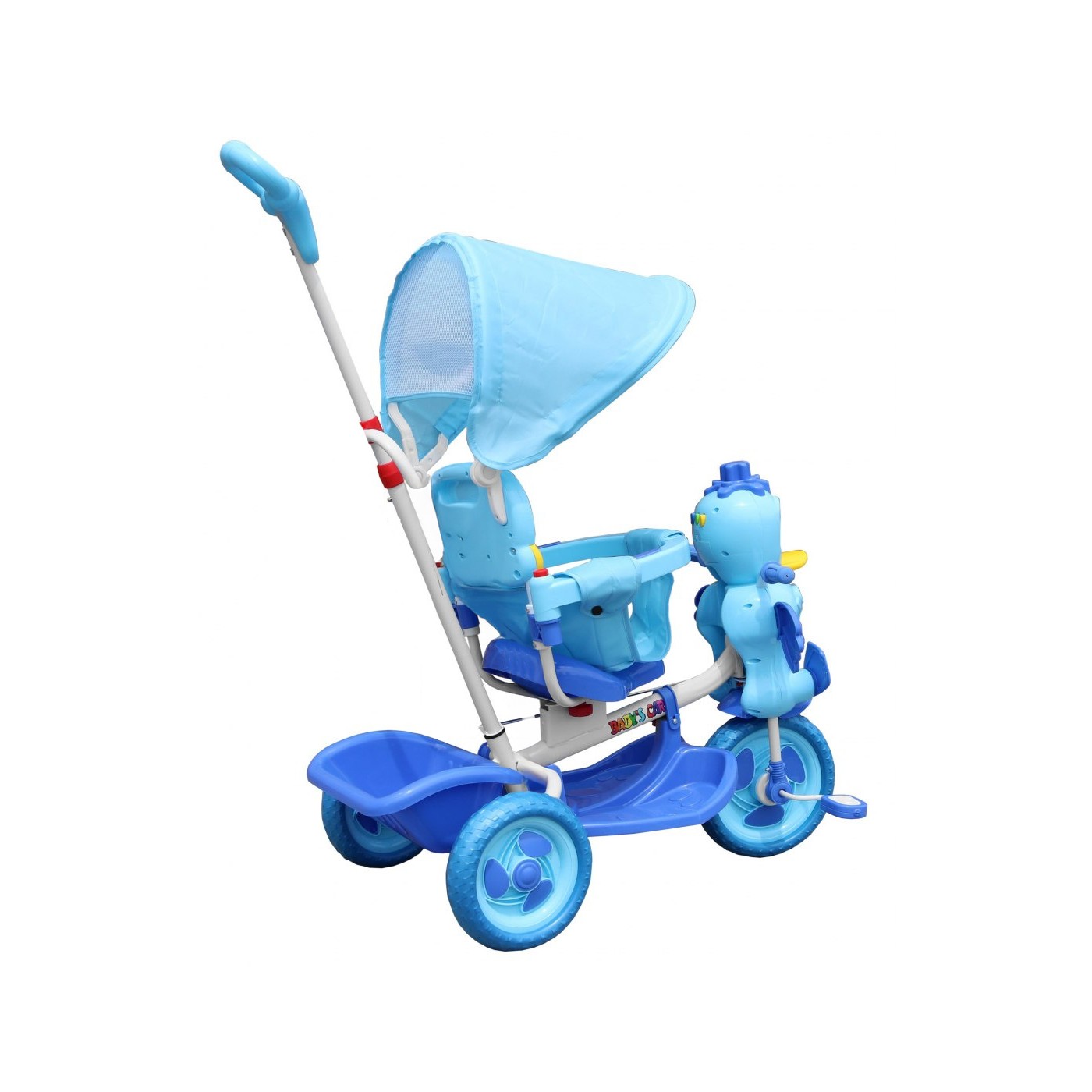 Dětské tříkolové kolo Duck Blue + zvuky + střecha + zábrana + stupačka + rukojeť + úložný prostor