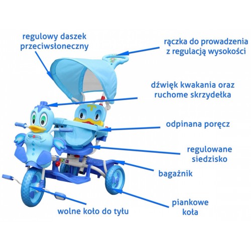 Dětské tříkolové kolo Duck Blue + zvuky + střecha + zábrana + stupačka + rukojeť + úložný prostor