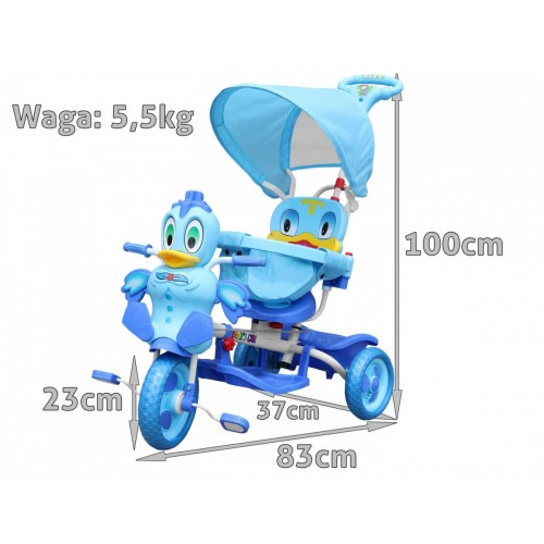 Dětské tříkolové kolo Duck Blue + zvuky + střecha + zábrana + stupačka + rukojeť + úložný prostor
