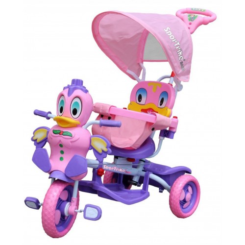Dětské tříkolové kolo Purple Duck + zvuky + střecha + zábrana + opěrka nohou + rukojeť + úložný prostor