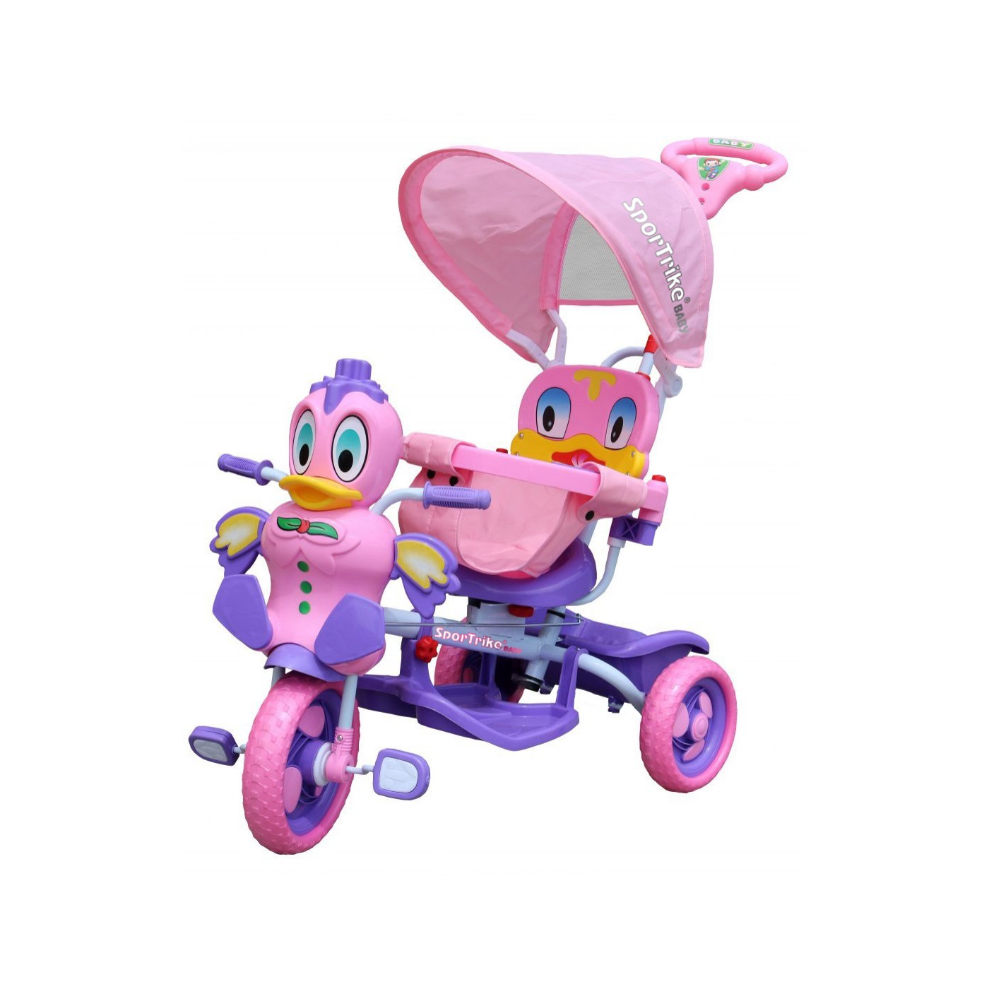 Dětské tříkolové kolo Purple Duck + zvuky + střecha + zábrana + opěrka nohou + rukojeť + úložný prostor