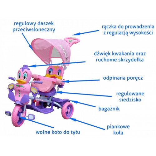 Dětské tříkolové kolo Purple Duck + zvuky + střecha + zábrana + opěrka nohou + rukojeť + úložný prostor