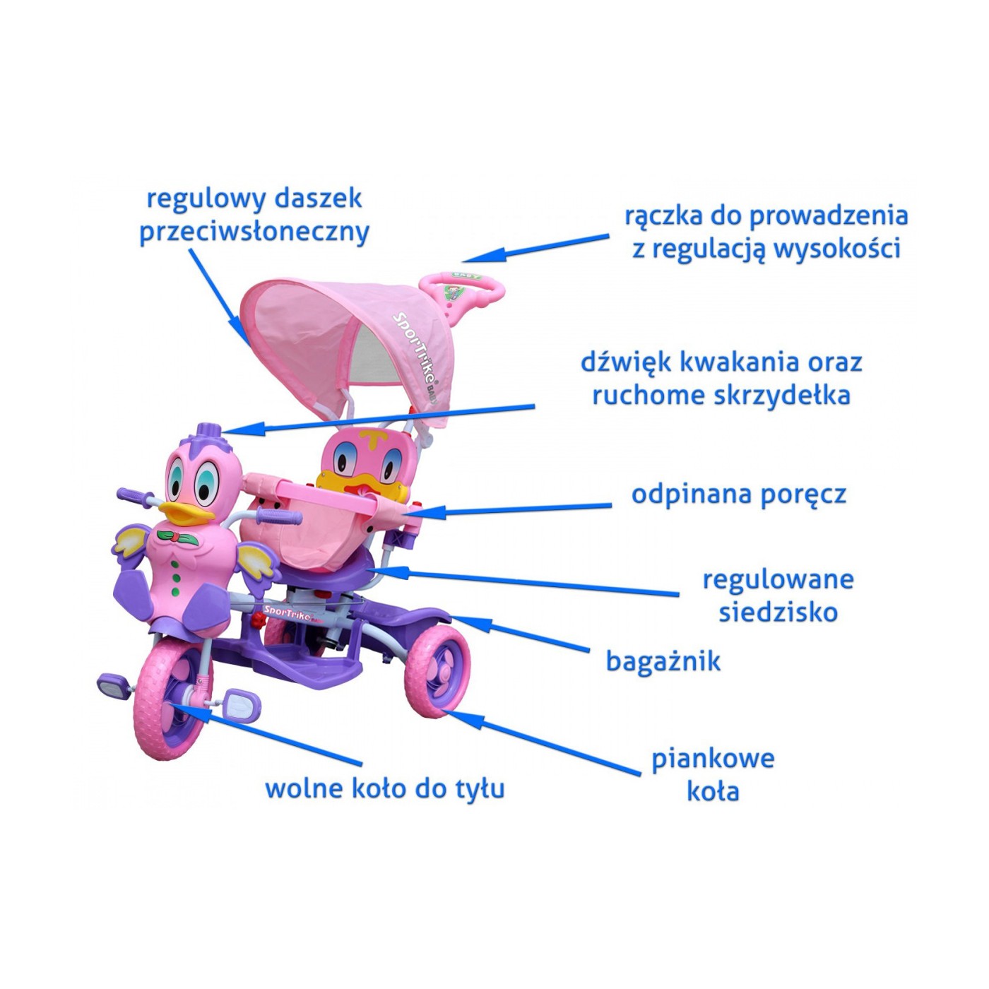 Dětské tříkolové kolo Purple Duck + zvuky + střecha + zábrana + opěrka nohou + rukojeť + úložný prostor