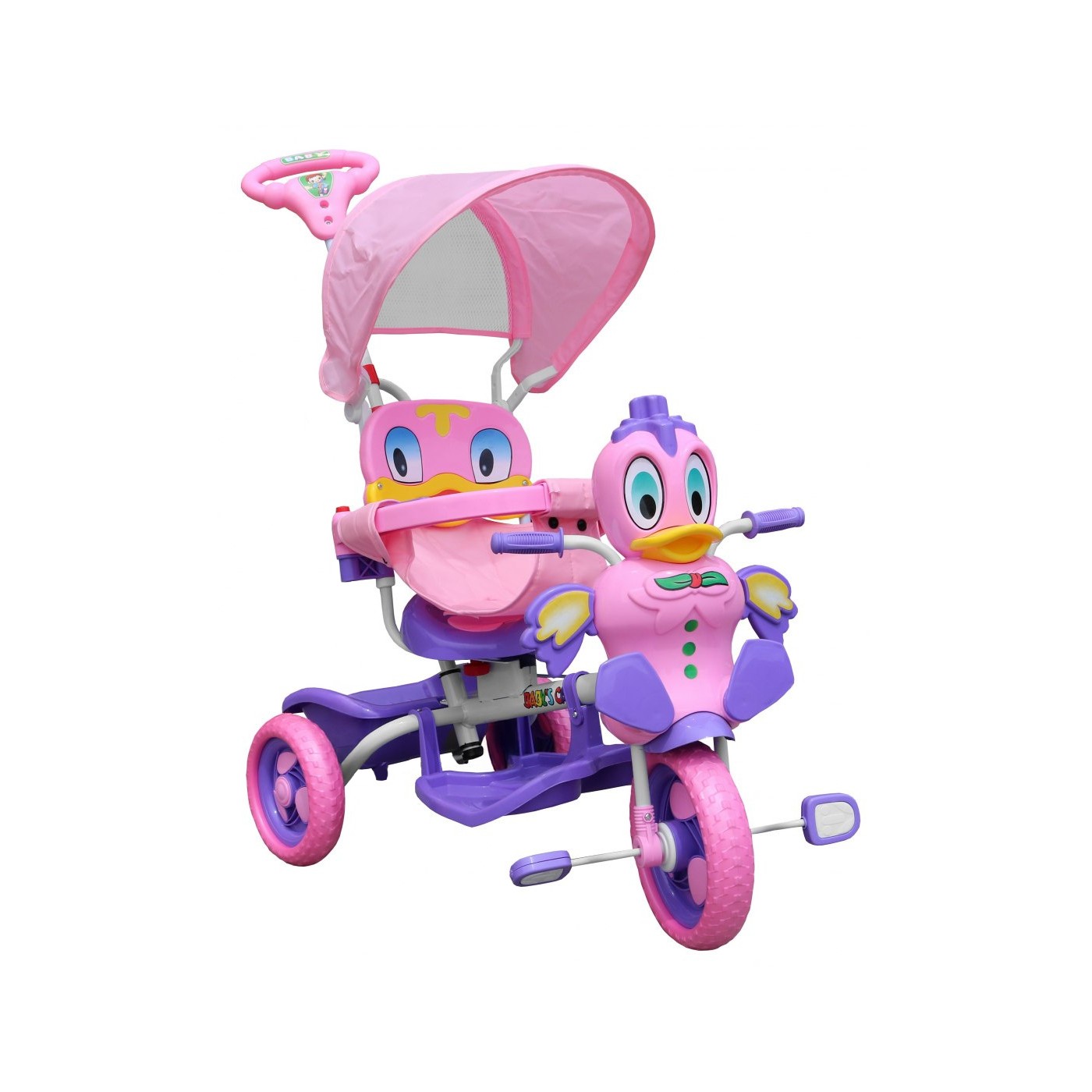 Dětské tříkolové kolo Purple Duck + zvuky + střecha + zábrana + opěrka nohou + rukojeť + úložný prostor