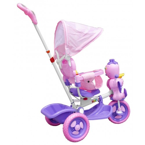 Dětské tříkolové kolo Purple Duck + zvuky + střecha + zábrana + opěrka nohou + rukojeť + úložný prostor