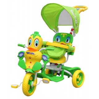 Dětské tříkolové kolo Green Duck + zvuky + střecha + zábrana + opěrka nohou + rukojeť + úložný prostor