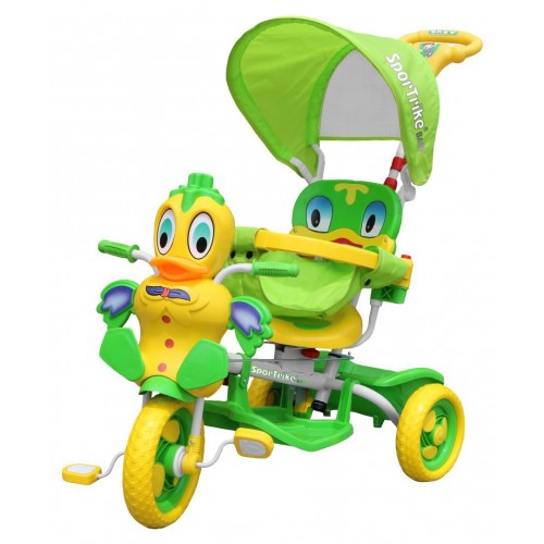 Dětské tříkolové kolo Green Duck + zvuky + střecha + zábrana + opěrka nohou + rukojeť + úložný prostor