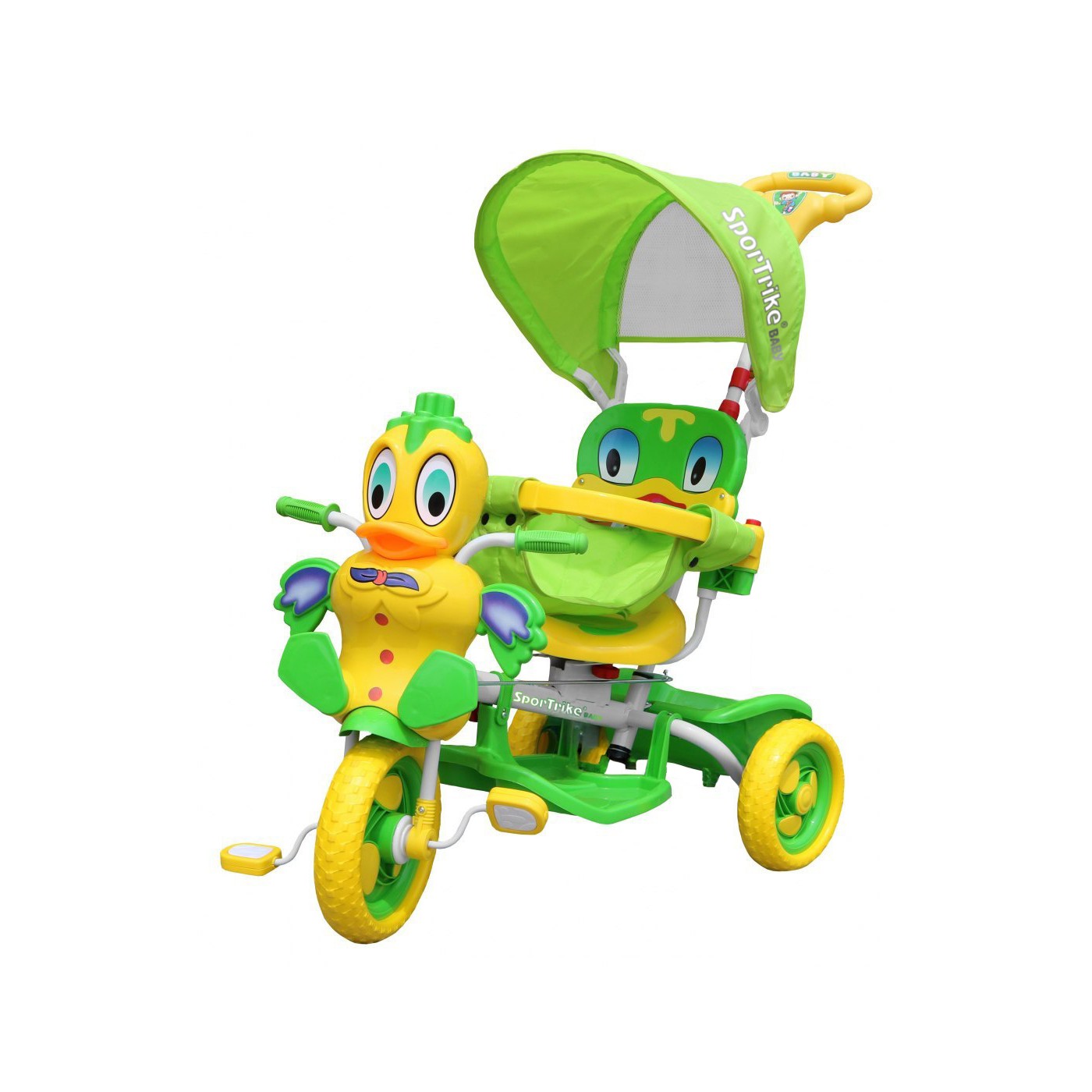 Dětské tříkolové kolo Green Duck + zvuky + střecha + zábrana + opěrka nohou + rukojeť + úložný prostor