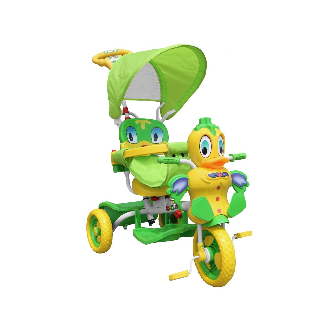 Dětské tříkolové kolo Green Duck + zvuky + střecha + zábrana + opěrka nohou + rukojeť + úložný prostor