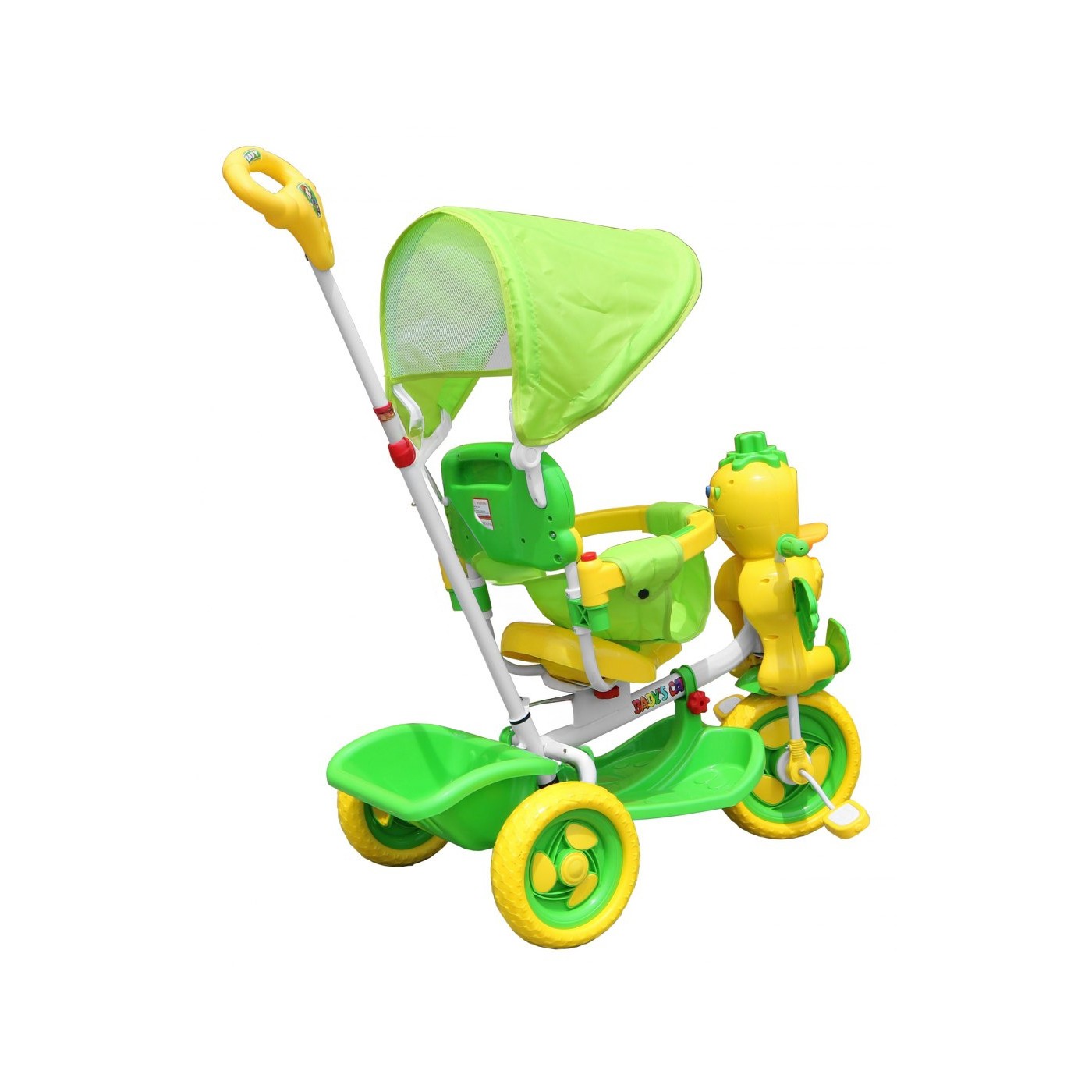 Dětské tříkolové kolo Green Duck + zvuky + střecha + zábrana + opěrka nohou + rukojeť + úložný prostor