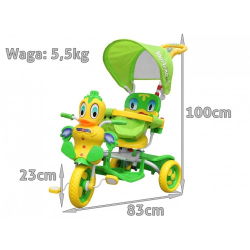 Dětské tříkolové kolo Green Duck + zvuky + střecha + zábrana + opěrka nohou + rukojeť + úložný prostor