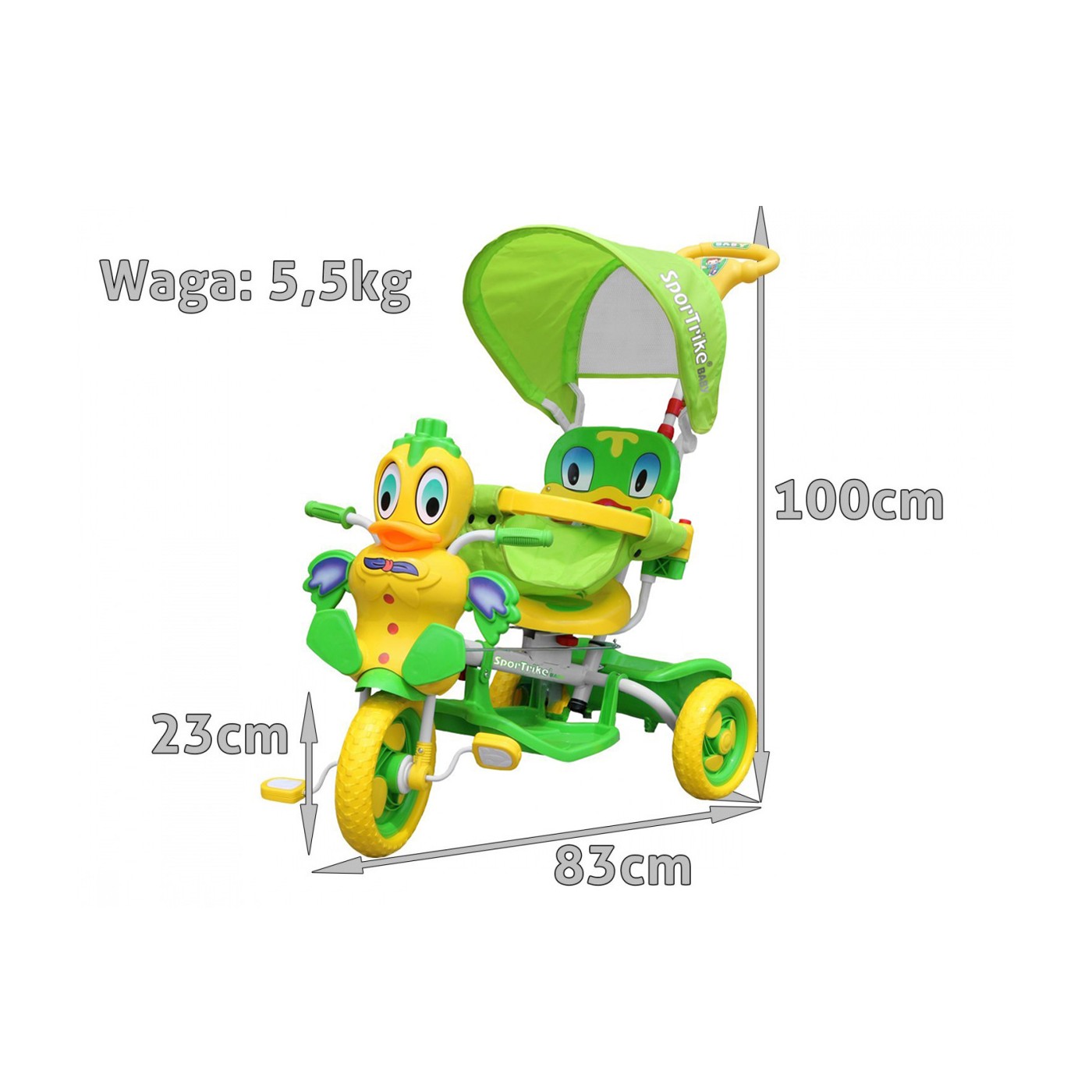 Dětské tříkolové kolo Green Duck + zvuky + střecha + zábrana + opěrka nohou + rukojeť + úložný prostor