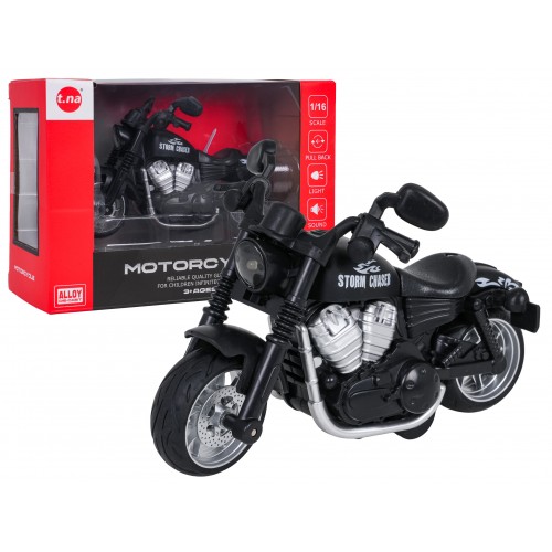 Kovový motocykl černý se světly a funkcí zvuku