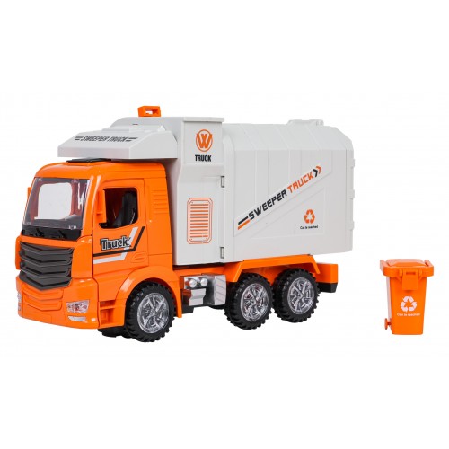 Popelářské auto s oranžovými světly a zvuky
