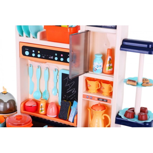 Stylová modrá dětská kuchyně 3+ vodovodní baterie + interaktivní hořák s párou + audio panel 65 el.