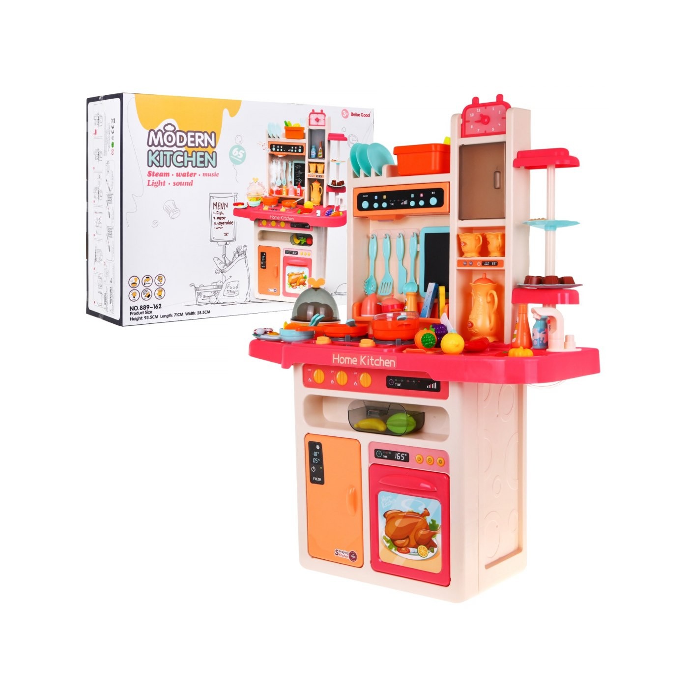 Stylová růžová dětská kuchyňská baterie 3+ vodovodní baterie + interaktivní hořák s párou + audio panel 65 el.