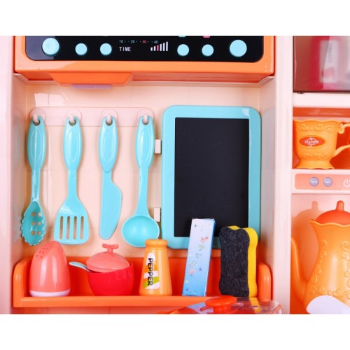 Stylová růžová dětská kuchyňská baterie 3+ vodovodní baterie + interaktivní hořák s párou + audio panel 65 el.