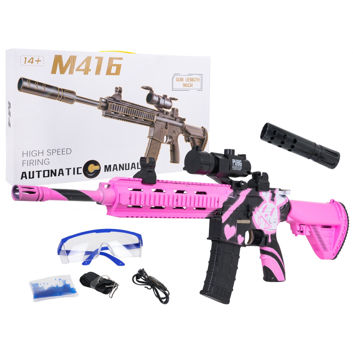 Puška M416 Pink Water Diabolo + příslušenství