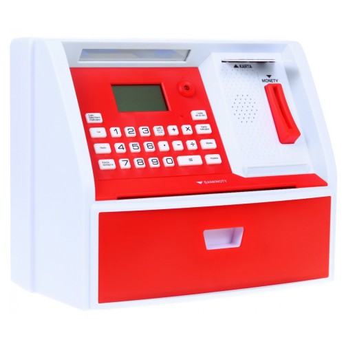 Bankomat s kartou pokladnička Piggy Bank pro děti 3+ červené interaktivní funkce + režim šetření