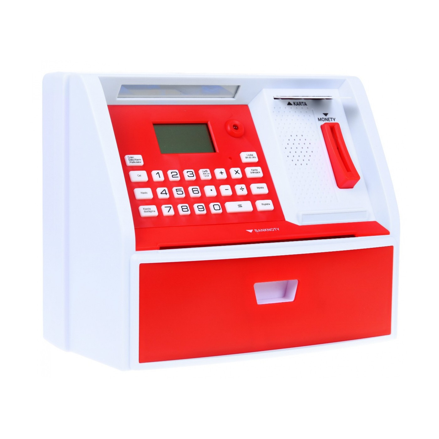 Bankomat s kartou pokladnička Piggy Bank pro děti 3+ červené interaktivní funkce + režim šetření