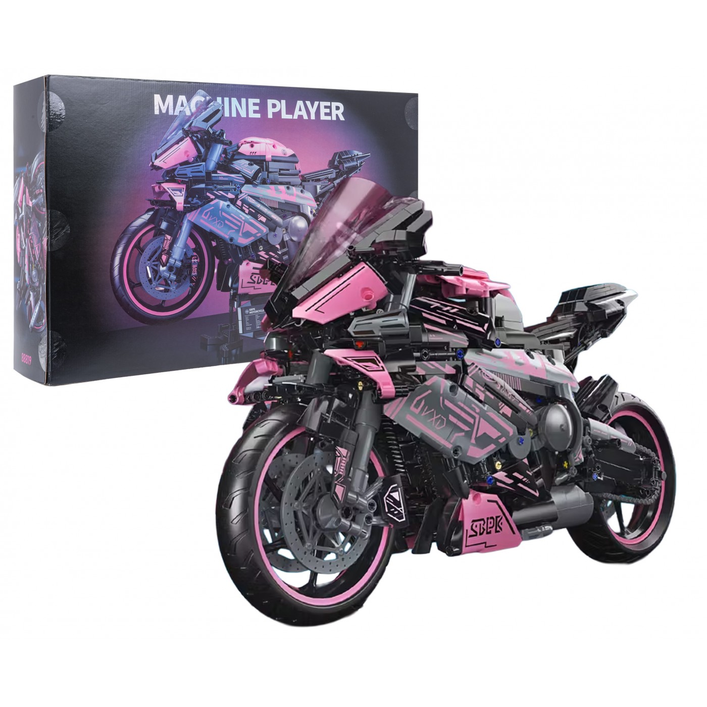 Sada stavebních kostek Motocyklový závodník, růžová, 2066 dílků.