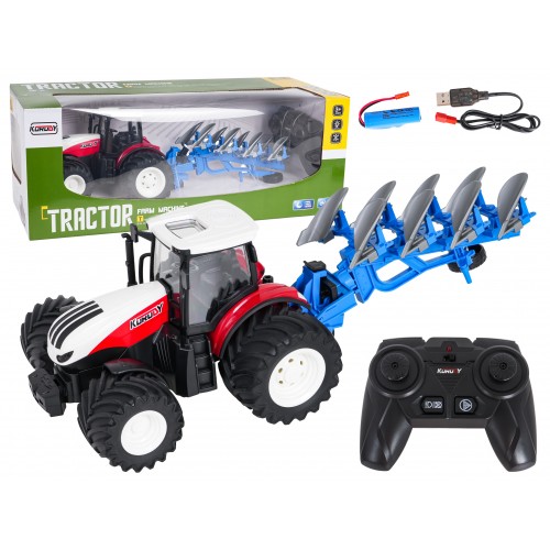 Červený R/C traktor s pluhem 1:24