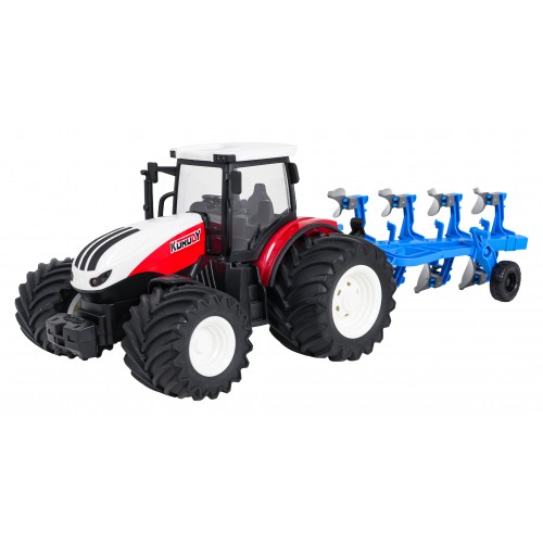 Červený R/C traktor s pluhem 1:24