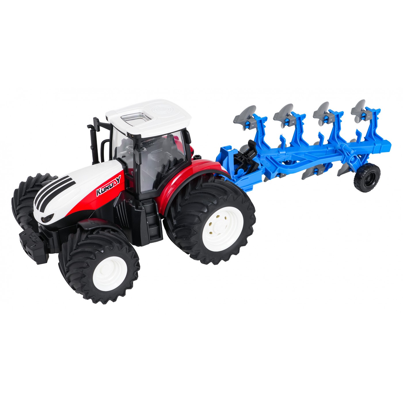 Červený R/C traktor s pluhem 1:24