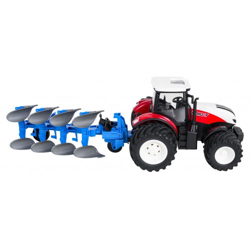 Červený R/C traktor s pluhem 1:24