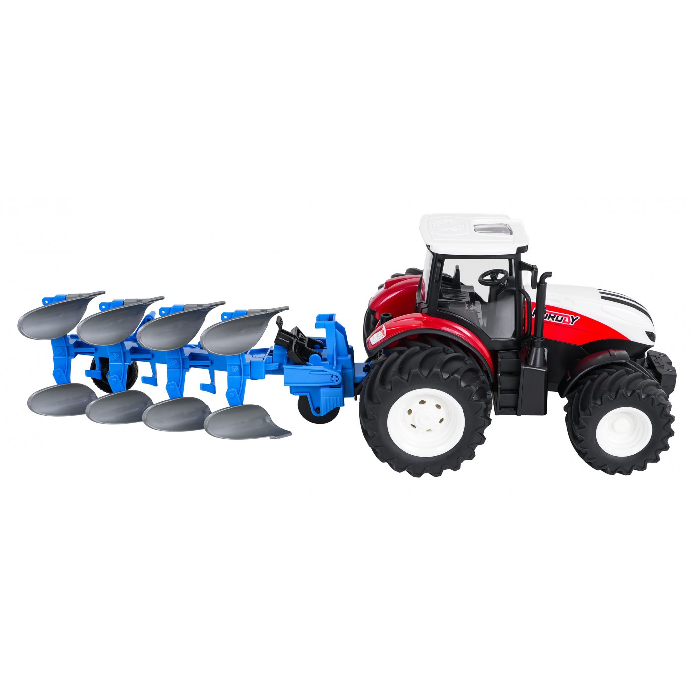 Červený R/C traktor s pluhem 1:24