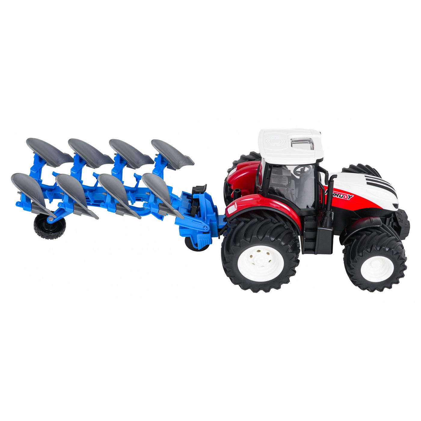 Červený R/C traktor s pluhem 1:24