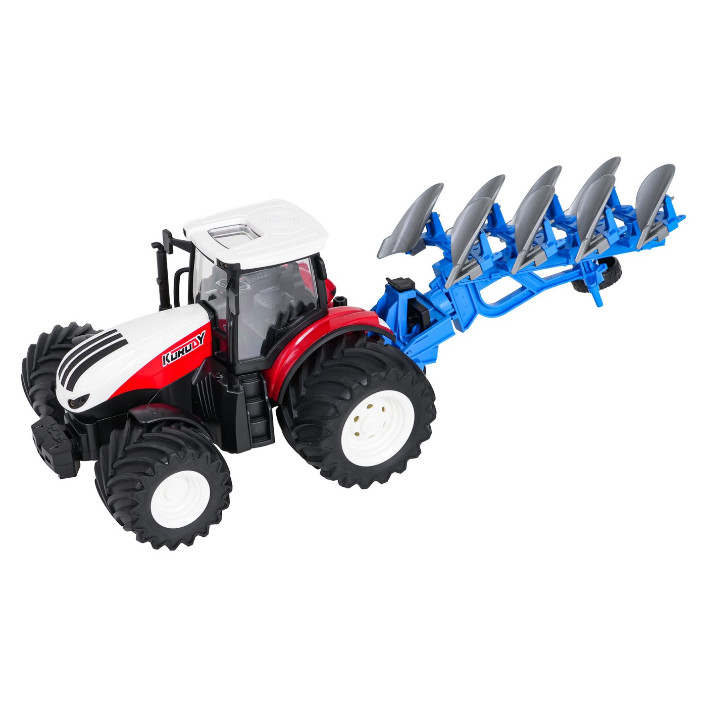 Červený R/C traktor s pluhem 1:24