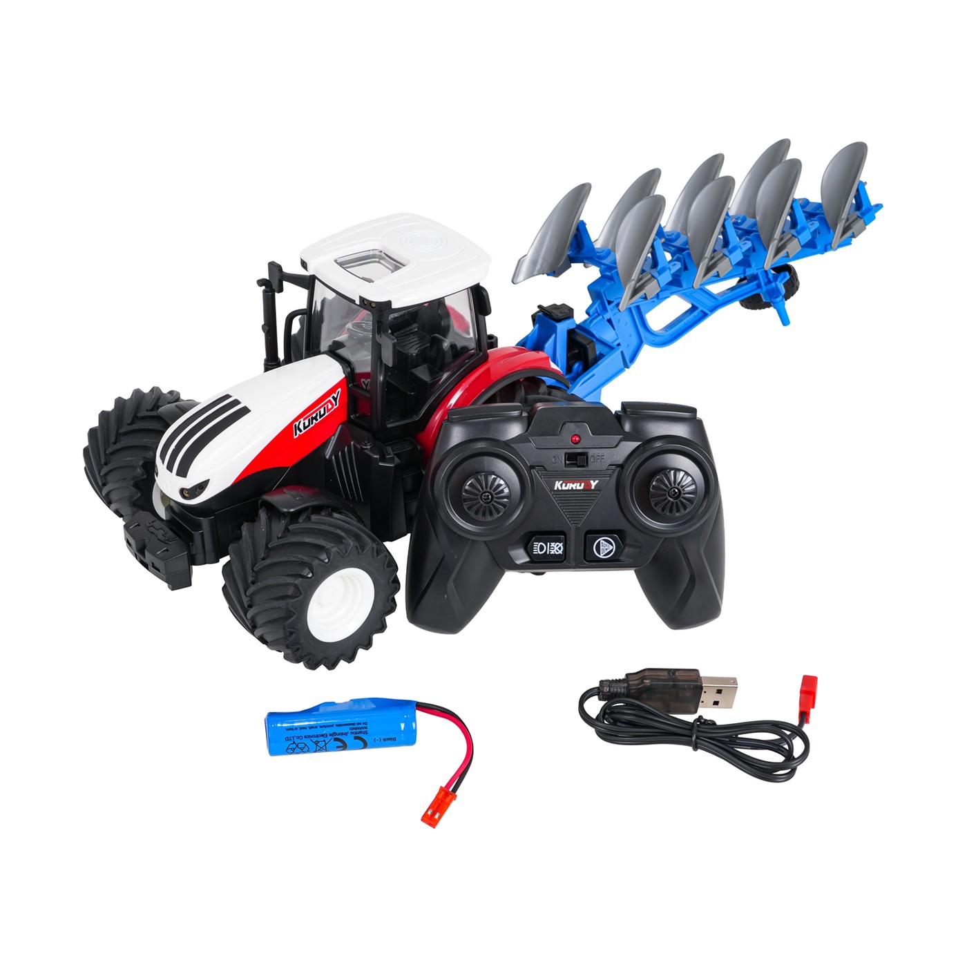Červený R/C traktor s pluhem 1:24