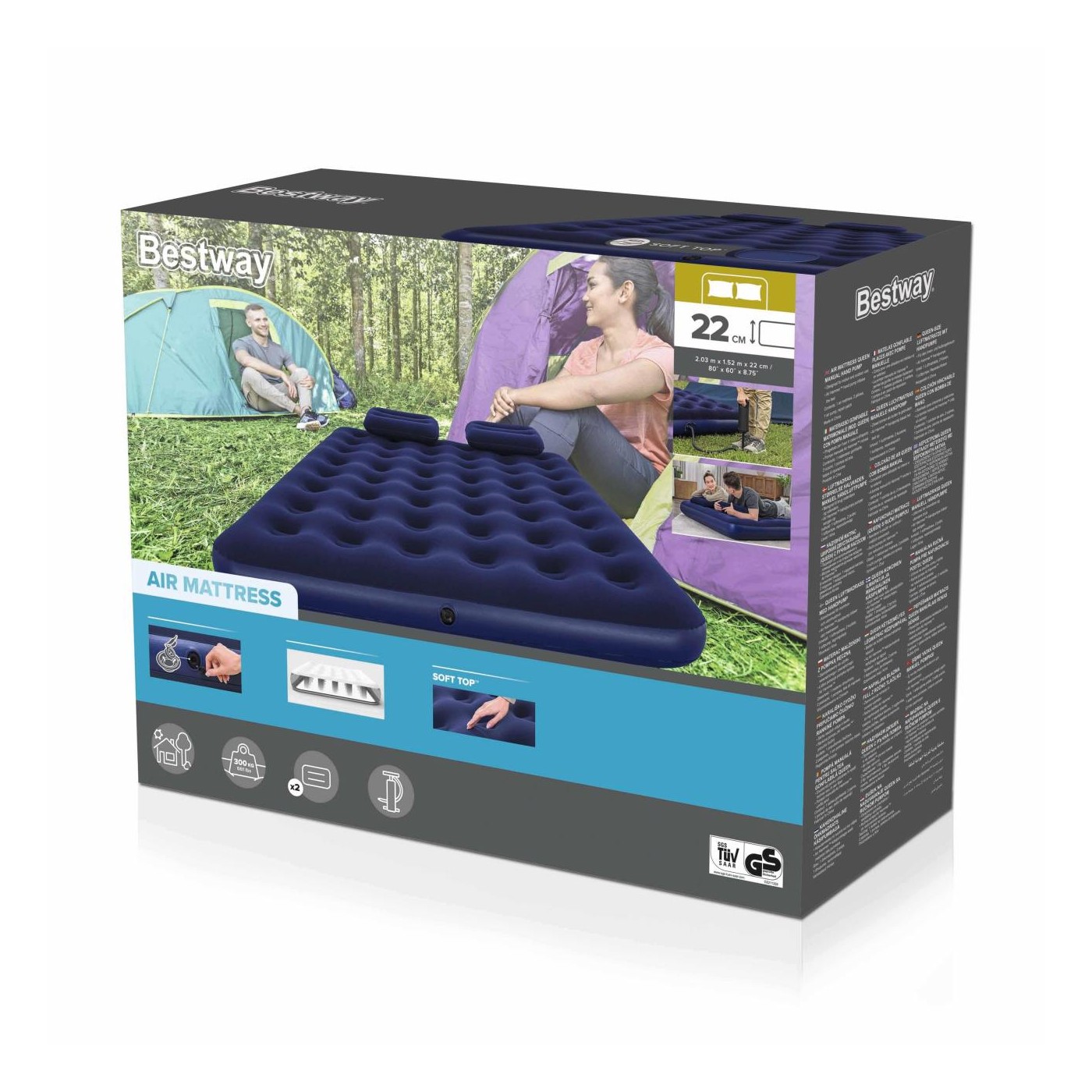Nafukovací matrace na spaní pro 2 osoby BESTWAY 203x152x22cm Queen Flocked + čerpadlo + 2 polštáře