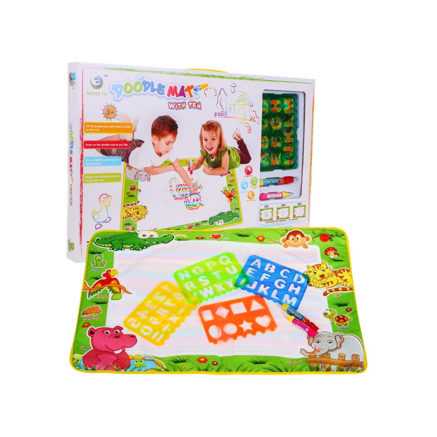 Dětská vodní podložka 3+ mizející kresby kreativní hračka + 2 pera + 4 šablony