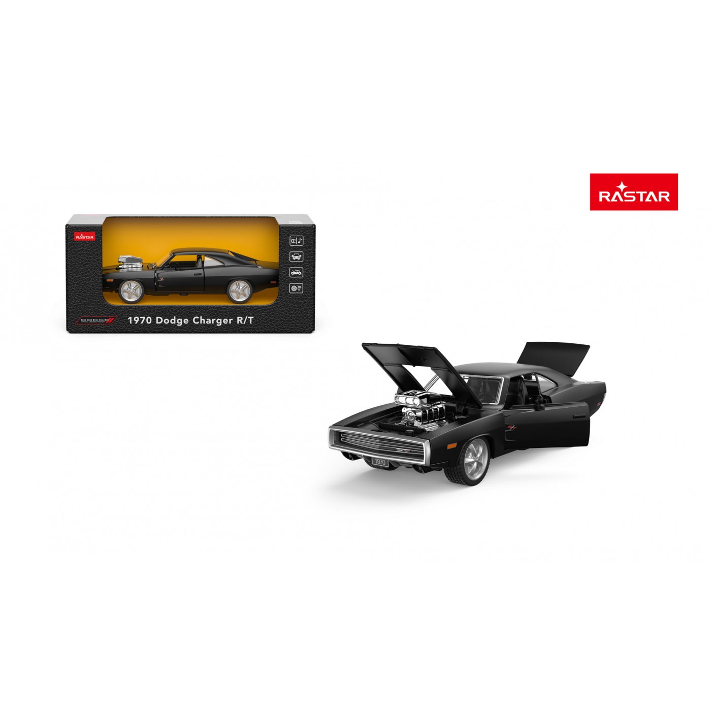 Kovové auto 1:36 1970 Dodge Charger R/T Černé RASTAR