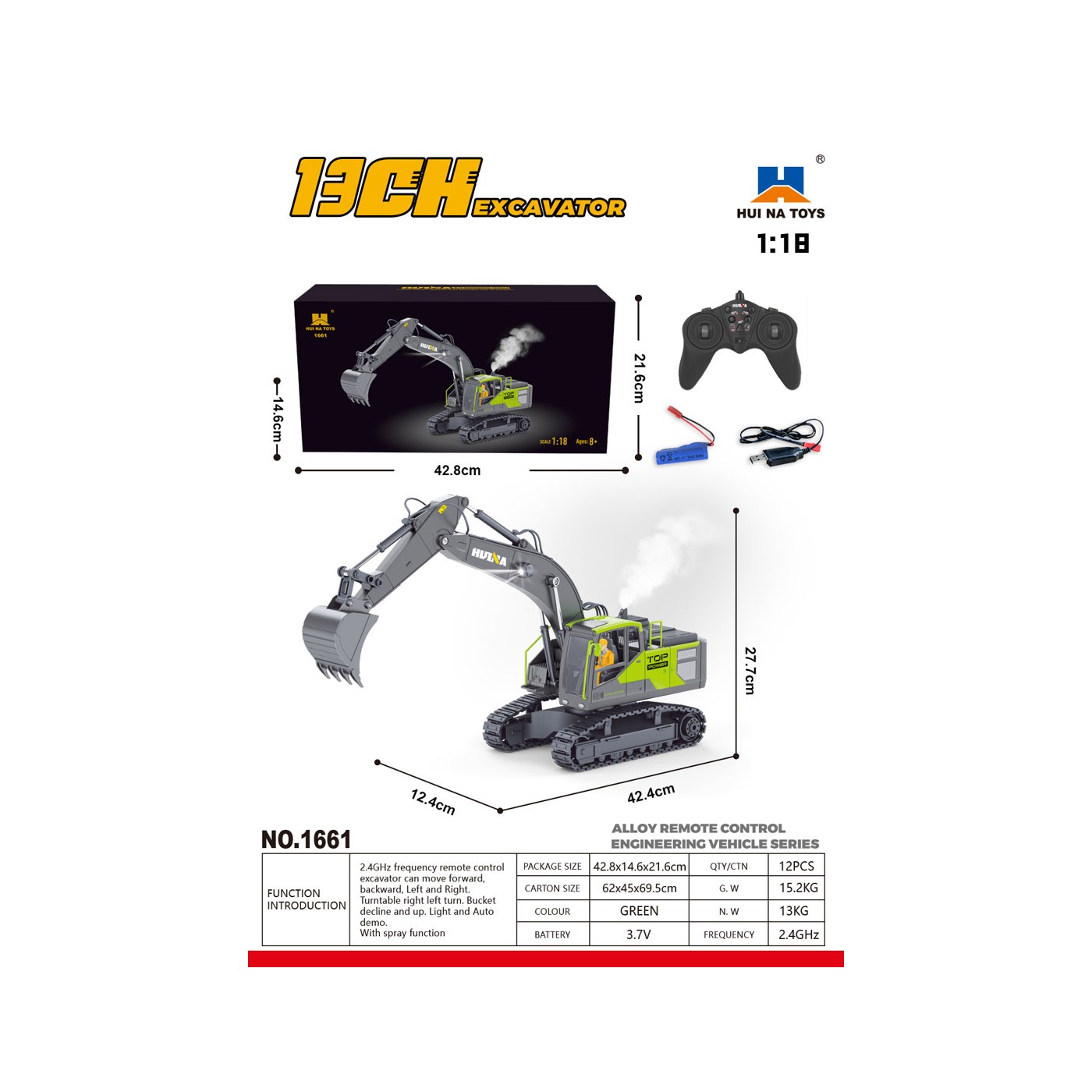 R/C bagr zeleno-šedý s funkcí kouře 1:18