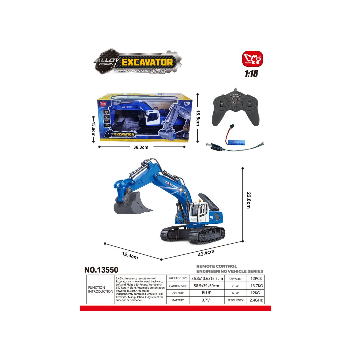 Rádiem řízený bagr modrý 1:18
