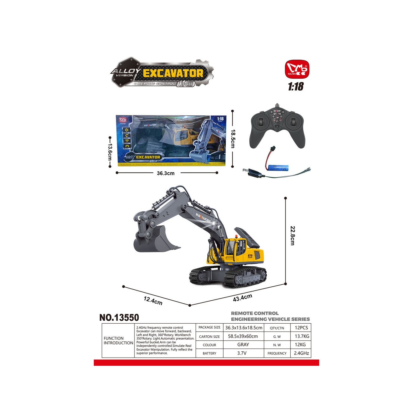 R/C bagr žlutošedý 1:18