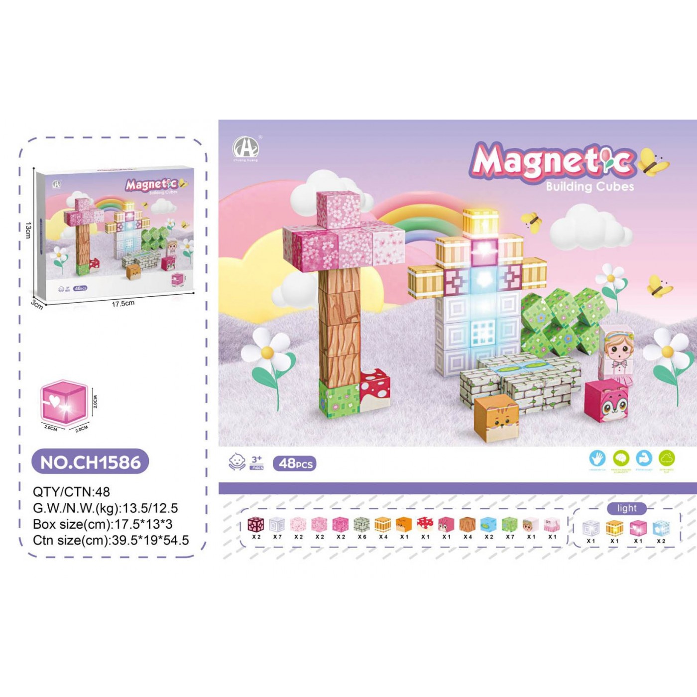 Sada magnetických kostek, magnetické bloky 48 ks + světlo