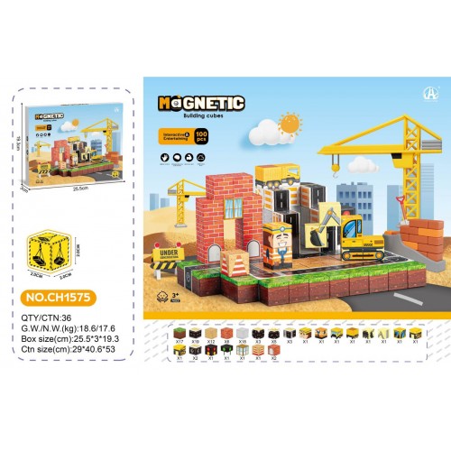 Sada magnetických kostek, magnetických bloků Staveniště 100 ks.