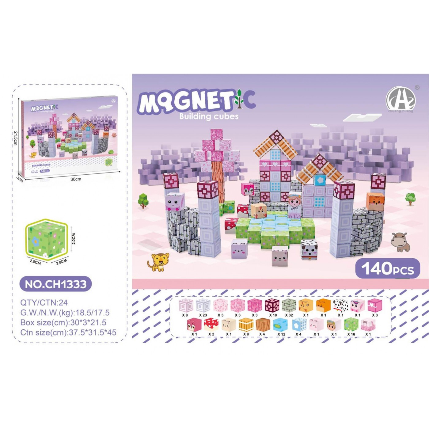 Sada magnetických kostek, magnetické cihly 140el.