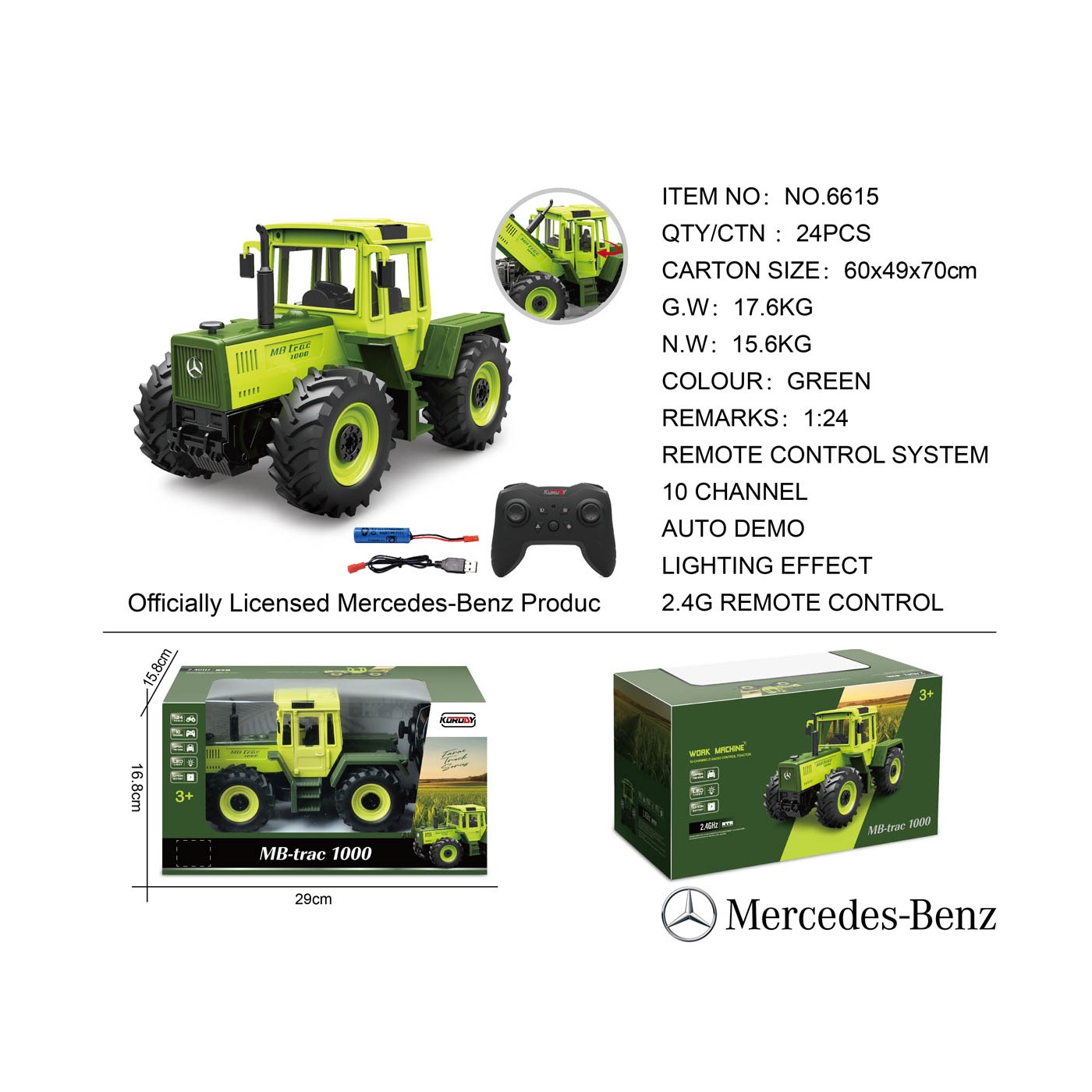 Traktor zelený 1:24 s dálkovým ovládáním Mercedes Benz