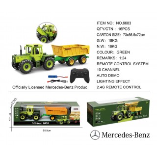 Zelený traktor 1:24 s dálkovým ovládáním Mercedes Benz + žlutý přívěs