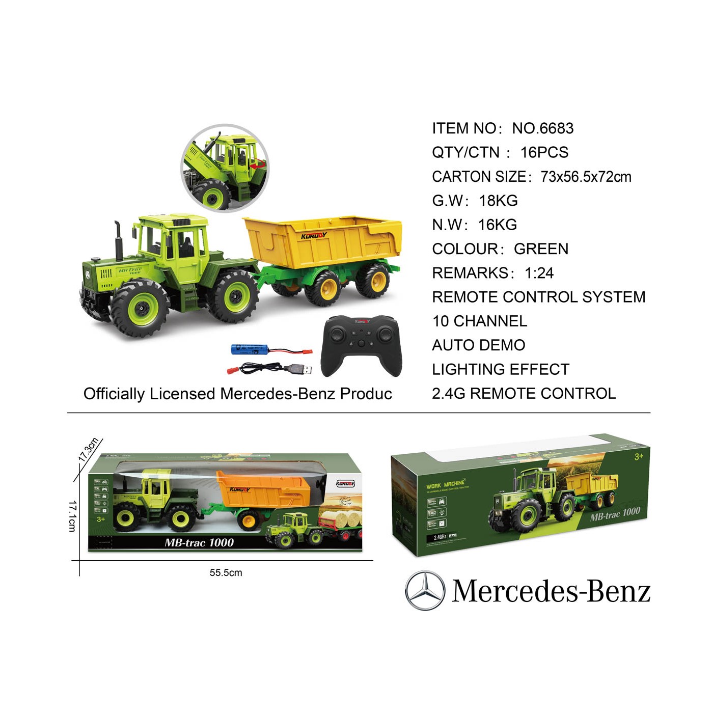 Zelený traktor 1:24 s dálkovým ovládáním Mercedes Benz + žlutý přívěs