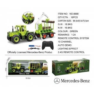 Zelený traktor 1:24 s dálkovým ovládáním Mercedes Benz + dřevěný přívěs s jeřábem