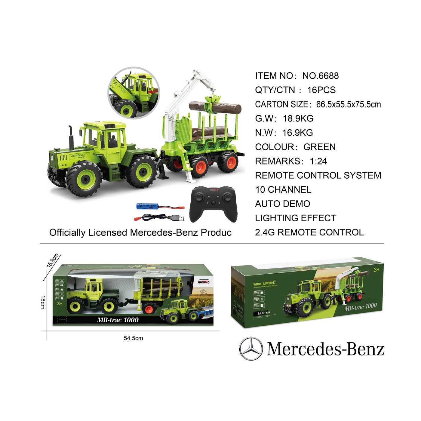 Zelený traktor 1:24 s dálkovým ovládáním Mercedes Benz + dřevěný přívěs s jeřábem