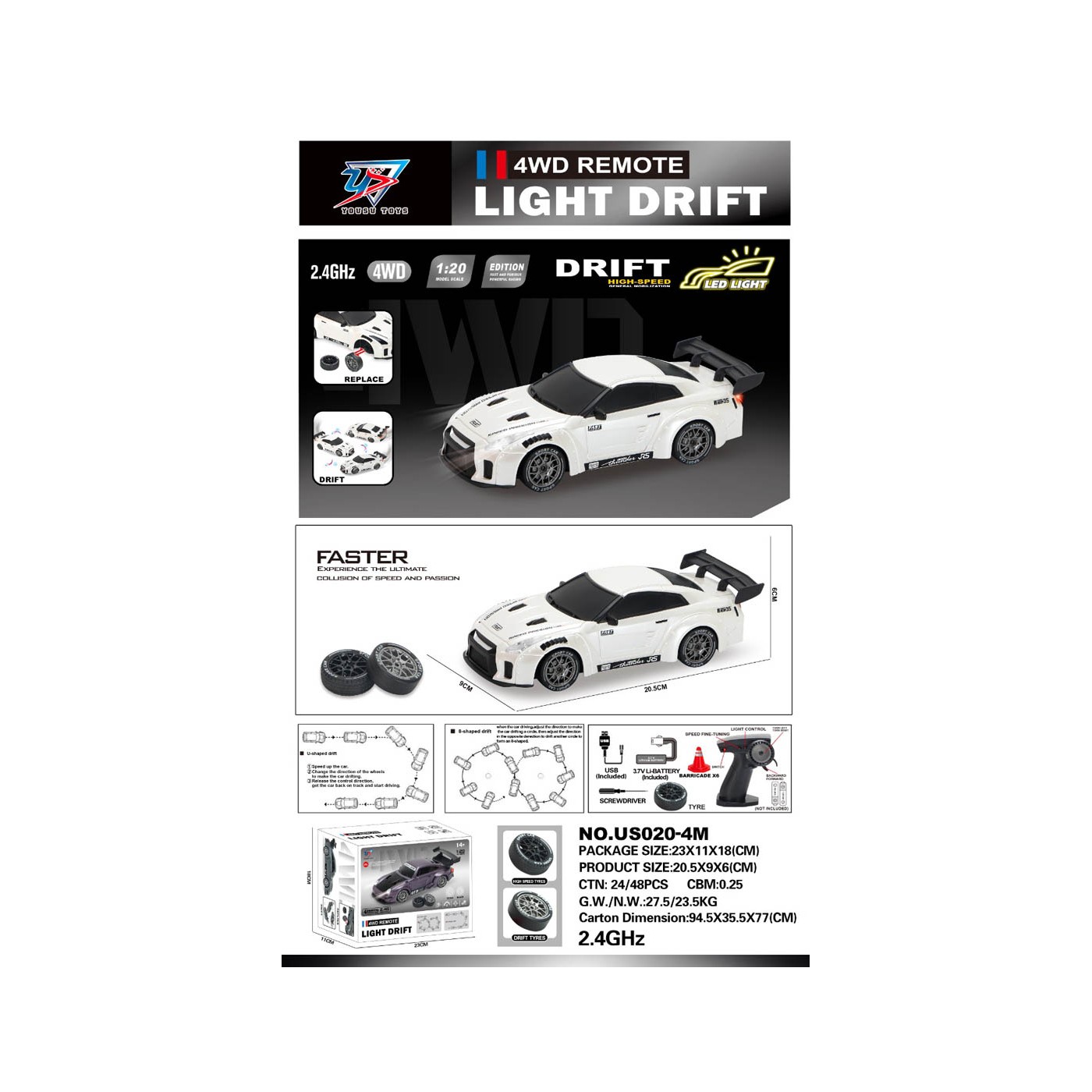 R/C Drift Car 1:20 se světly Funkce bílá